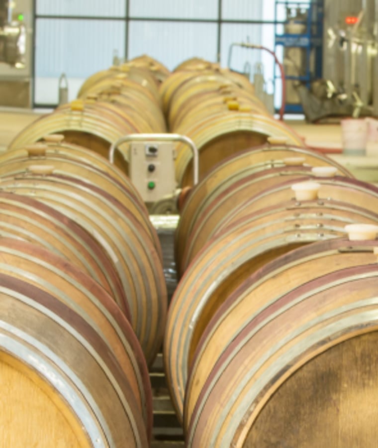 Barrels and process lines in a winery, from Gormley's winery photography
